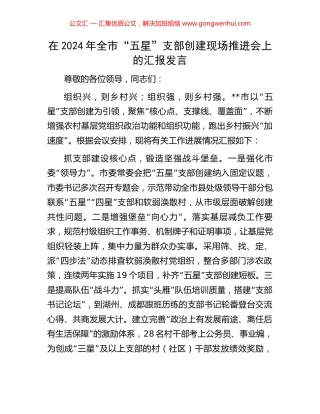 在2024年全市“五星”支部创建现场推进会上的汇报发言