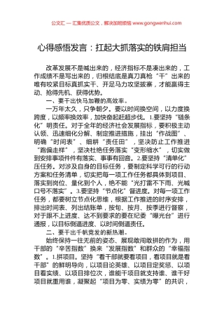 心得感悟发言：扛起大抓落实的铁肩担当