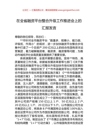 在全省融资平台整合升级工作推进会上的汇报发言