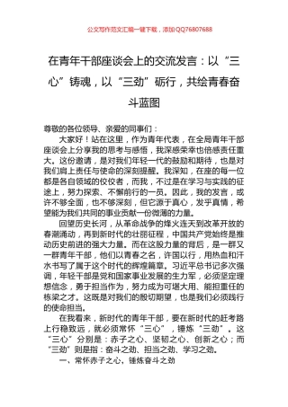 在青年干部座谈会上的交流发言：以“三心”铸魂，以“三劲”砺行，共绘青春奋斗蓝图