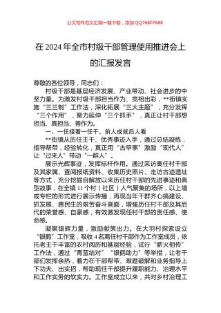 在2024年全市村级干部管理使用推进会上的汇报发言