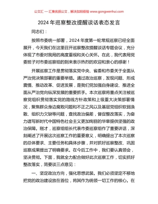 2024年巡察整改提醒谈话表态发言