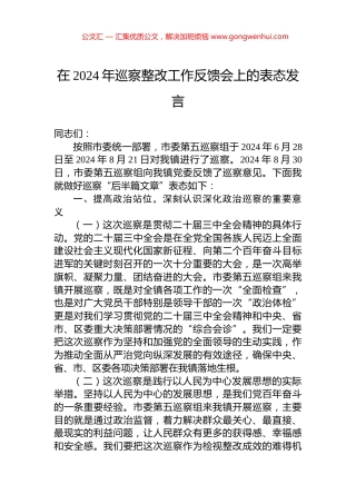 在2024年巡察整改工作反馈会上的表态发言