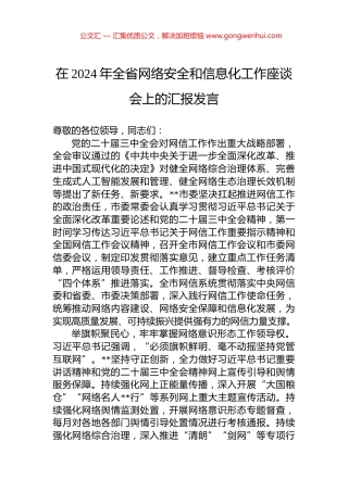 在2024年全省网络安全和信息化工作座谈会上的汇报发言