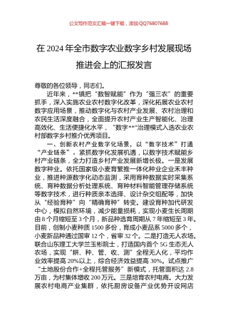 在2024年全市数字农业数字乡村发展现场推进会上的汇报发言