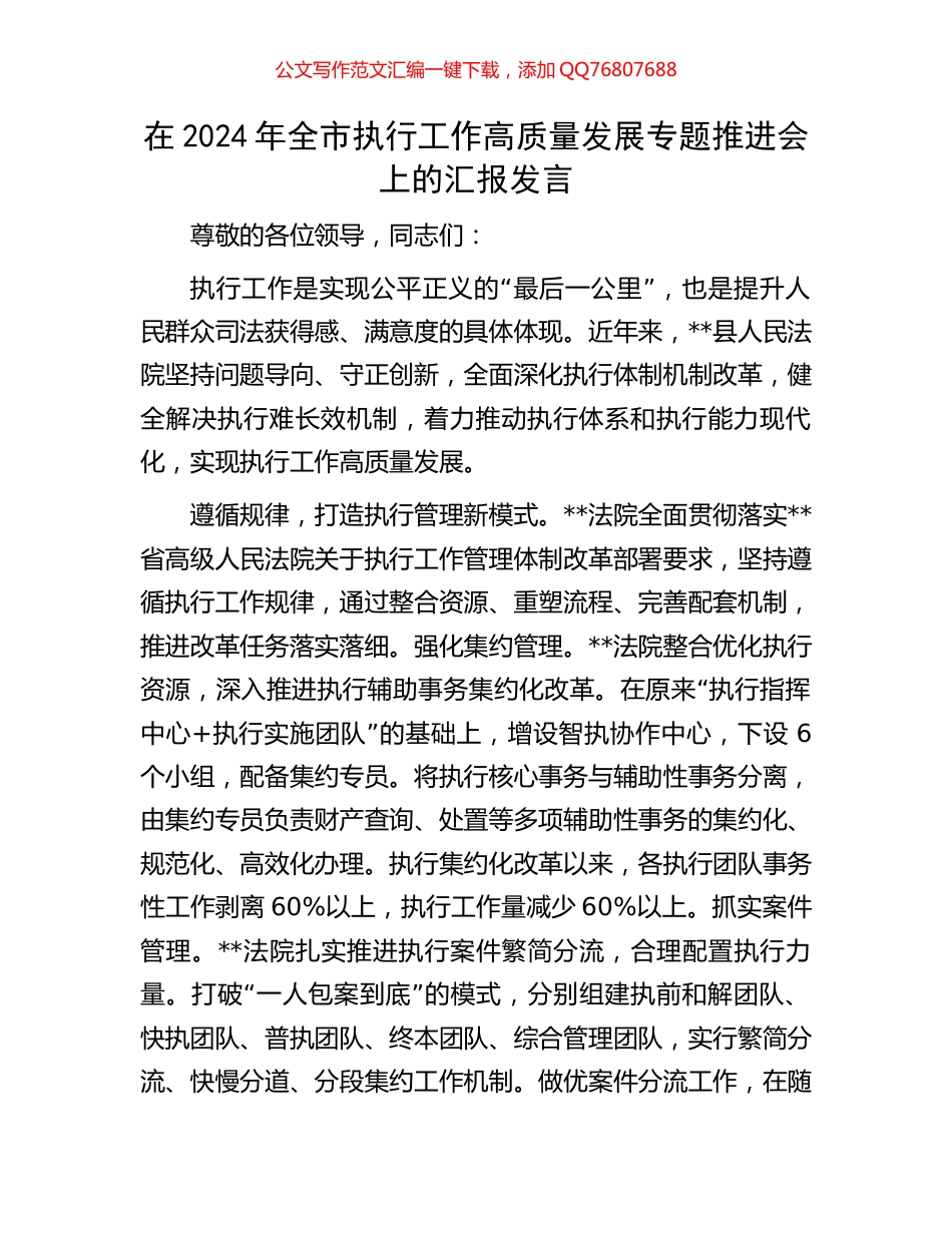 在2024年全市执行工作高质量发展专题推进会上的汇报发言_第1页