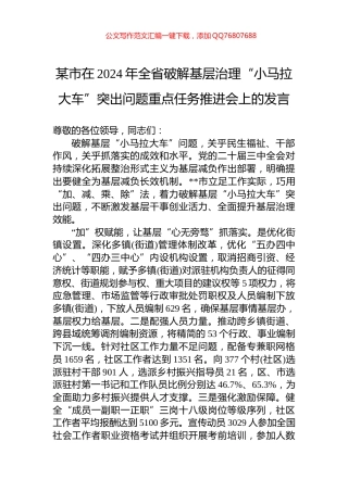 某市在2024年全省破解基层治理“小马拉大车”突出问题重点任务推进会上的发言