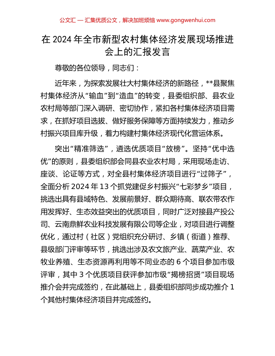 在2024年全市新型农村集体经济发展现场推进会上的汇报发言_第1页