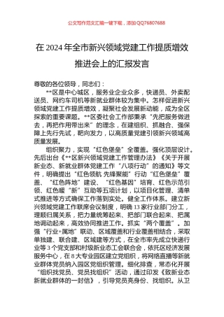 在2024年全市新兴领域党建工作提质增效推进会上的汇报发言