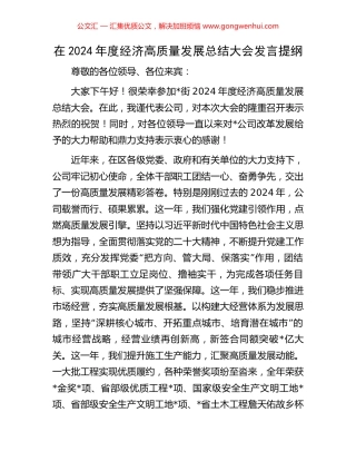 在2024年度经济高质量发展总结大会发言提纲