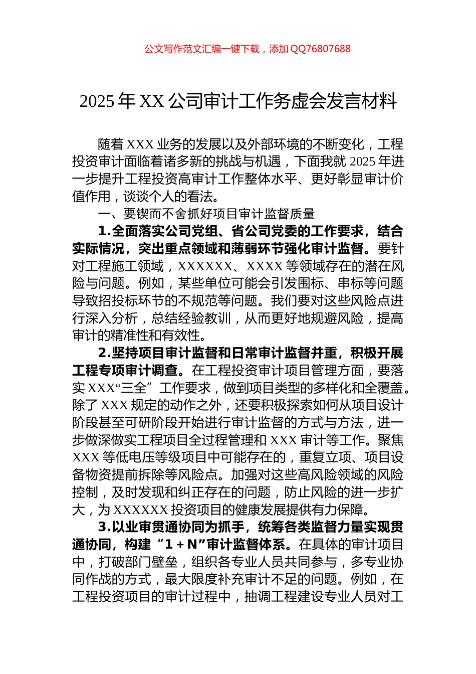 2025年XX公司审计工作务虚会发言材料_第1页