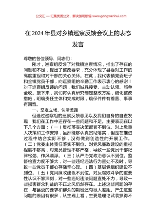 在2024年县对乡镇巡察反馈会议上的表态发言