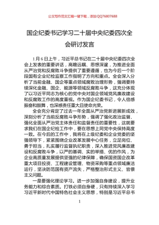 国企纪委书记学习二十届中央纪委四次全会研讨发言