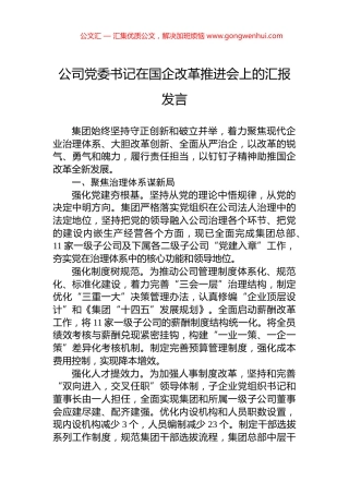 公司党委书记在国企改革推进会上的汇报发言