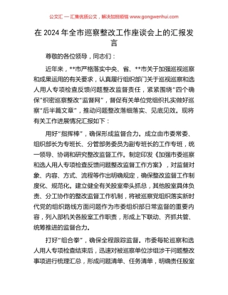 在2024年全市巡察整改工作座谈会上的汇报发言