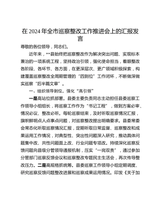 在2024年​全市巡察整改工作推进会上的汇报发言