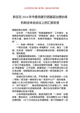 新区在2024年市委党建引领基层治理协调机制全体会会议上的汇报发言