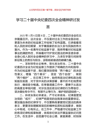 学习二十届中央纪委四次全会精神研讨发言