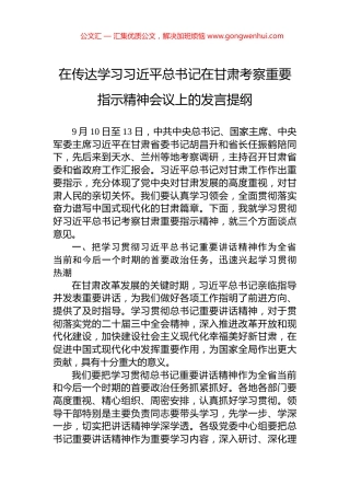 在传达学习习近平总书记在甘肃考察重要指示精神会议上的发言提纲