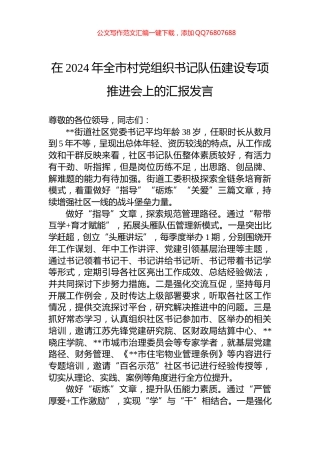 在2024年全市村党组织书记队伍建设专项推进会上的汇报发言