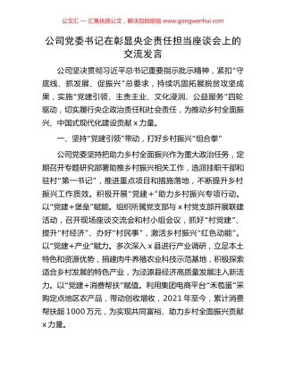 公司党委书记在彰显央企责任担当座谈会上的交流发言