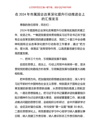 在2024年市属国企改革深化提升行动推进会上的汇报发言