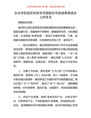 在全市防返贫防致贫巩固脱贫攻坚成果推进会上的发言