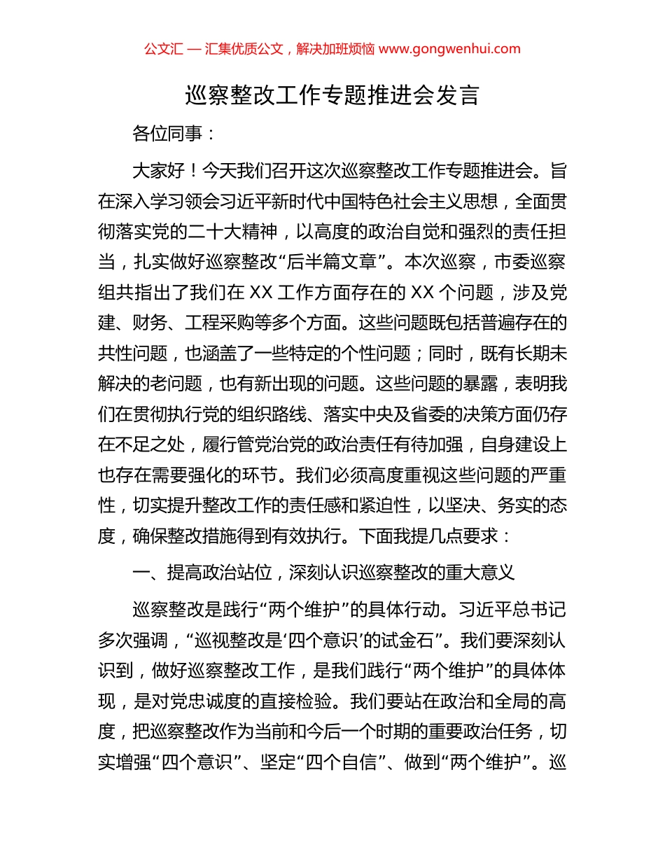 巡察整改工作专题推进会发言_第1页