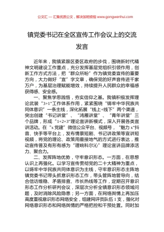 镇党委书记在全区宣传工作会议上的交流发言