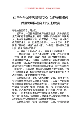 在2024年全市构建现代化产业体系推进高质量发展推进会上的汇报发言