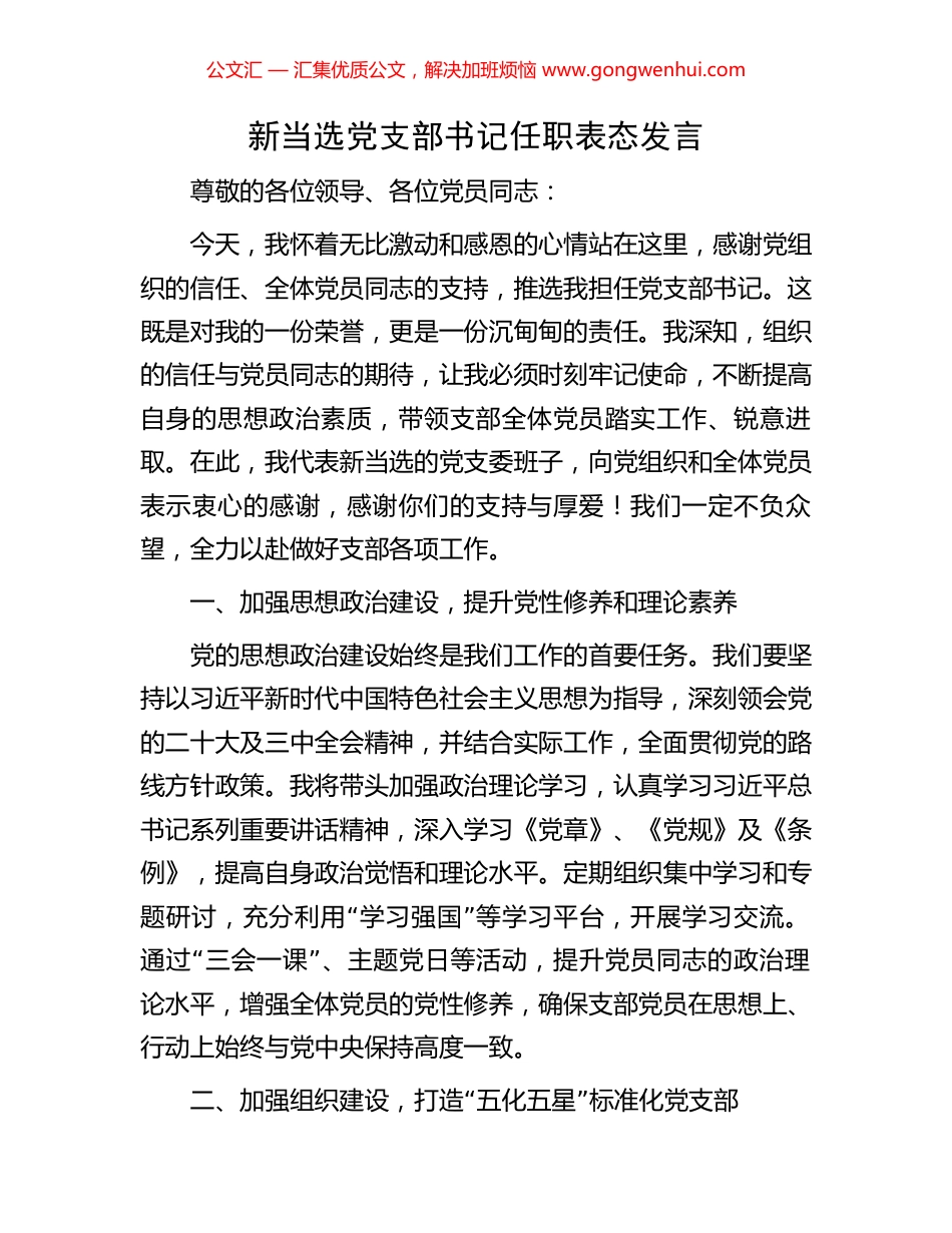 新当选党支部书记任职表态发言_第1页