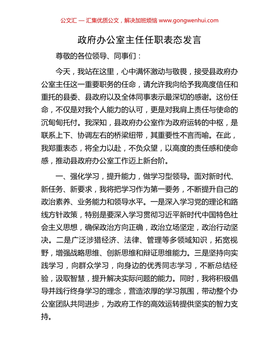 政府办公室主任任职表态发言_第1页