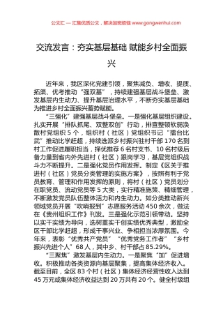 交流发言：夯实基层基础+赋能乡村全面振兴