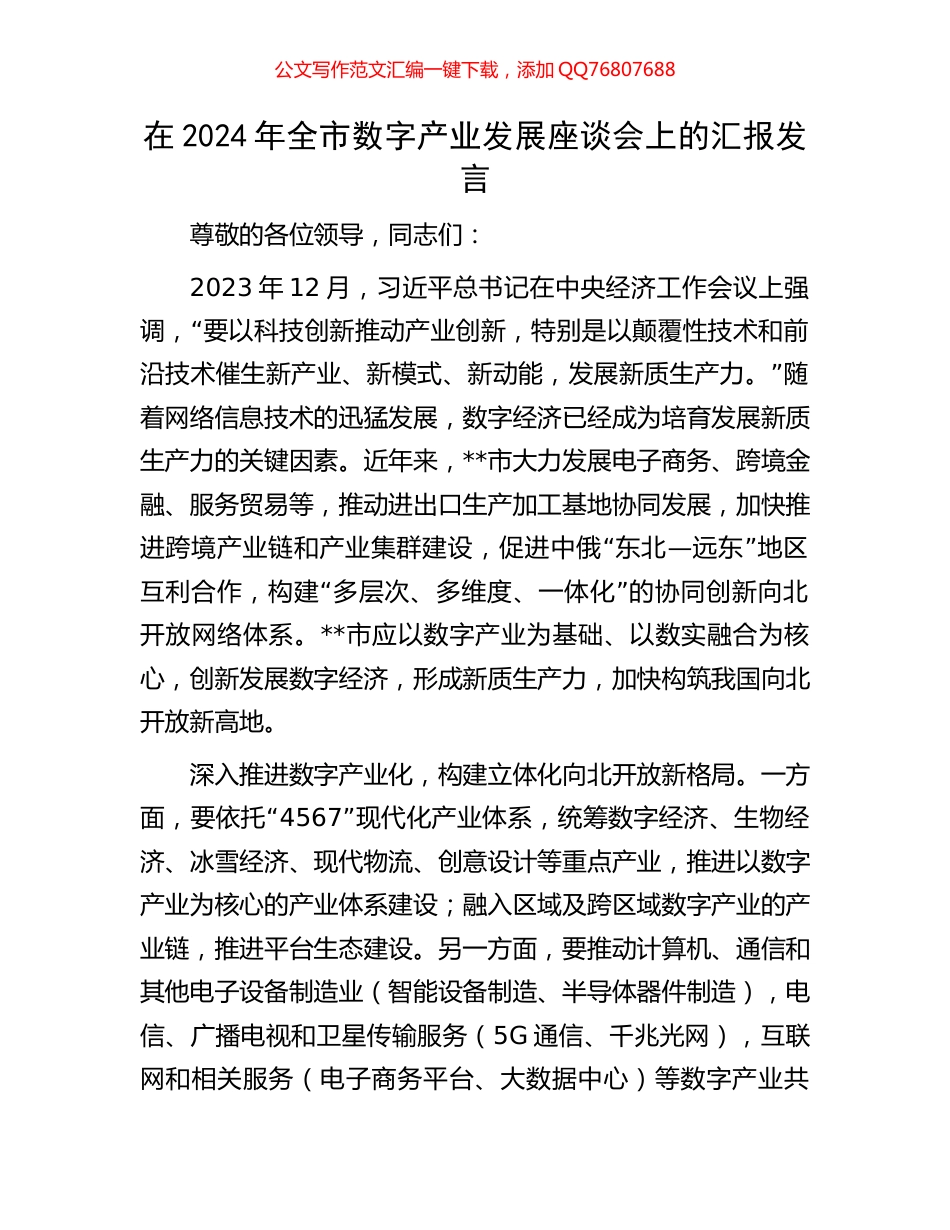 在2024年全市数字产业发展座谈会上的汇报发言_第1页