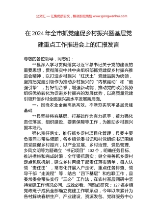 在2024年全市抓党建促乡村振兴暨基层党建重点工作推进会上的汇报发言