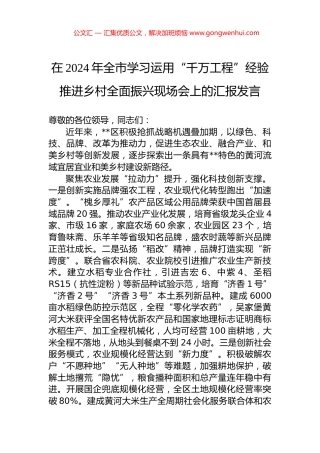 在2024年全市学习运用“千万工程”经验推进乡村全面振兴现场会上的汇报发言 (2)