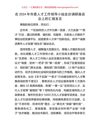 在2024年市委人才工作领导小组走访调研座谈会上的汇报发言