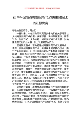 在2024全省战略性新兴产业发展推进会上的汇报发言