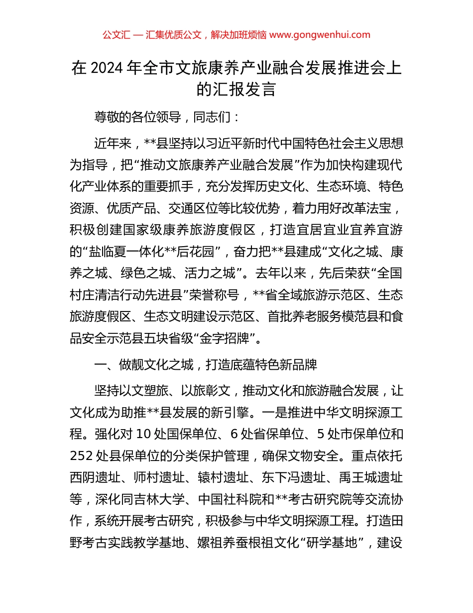 在2024年全市文旅康养产业融合发展推进会上的汇报发言_第1页