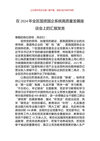 在2024年全区国资国企系统高质量发展座谈会上的汇报发言