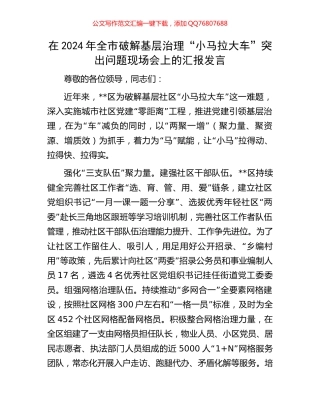 在2024年全市破解基层治理“小马拉大车”突出问题现场会上的汇报发言