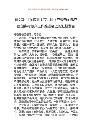 在2024年全市县（市、区）党委书记抓党建促乡村振兴工作推进会上的汇报发言
