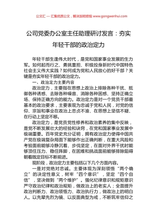 公司党委办公室主任助理研讨发言：夯实年轻干部的政治定力