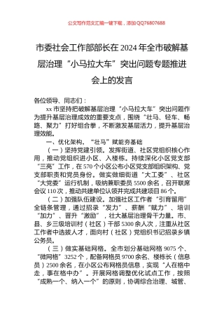 市委社会工作部部长在2024年全市破解基层治理“小马拉大车”突出问题专题推进会上的发言