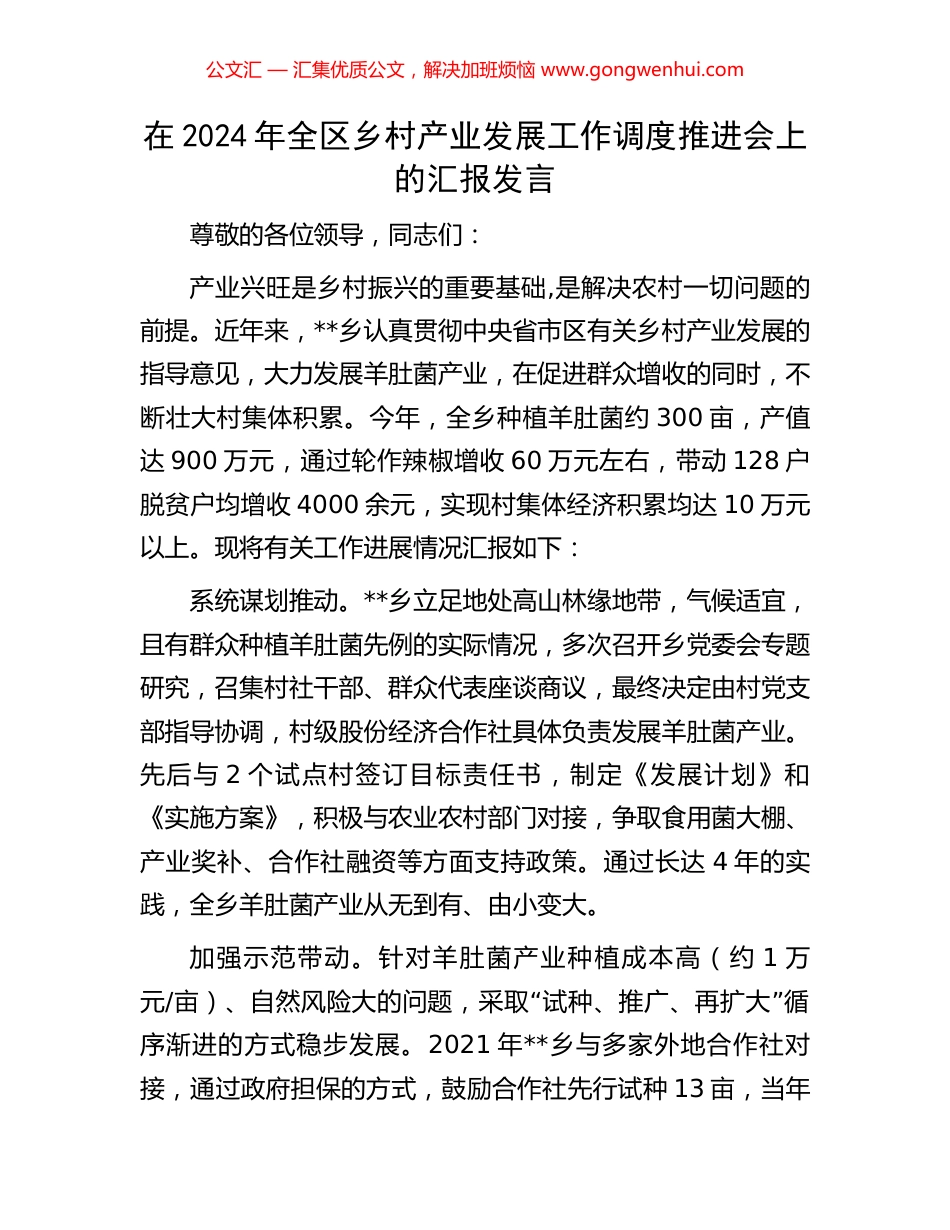 在2024年全区乡村产业发展工作调度推进会上的汇报发言_第1页