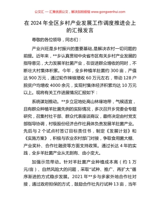 在2024年全区乡村产业发展工作调度推进会上的汇报发言