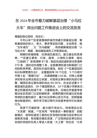 在2024年全市着力破解基层治理“小马拉大车”突出问题工作推进会上的交流发言