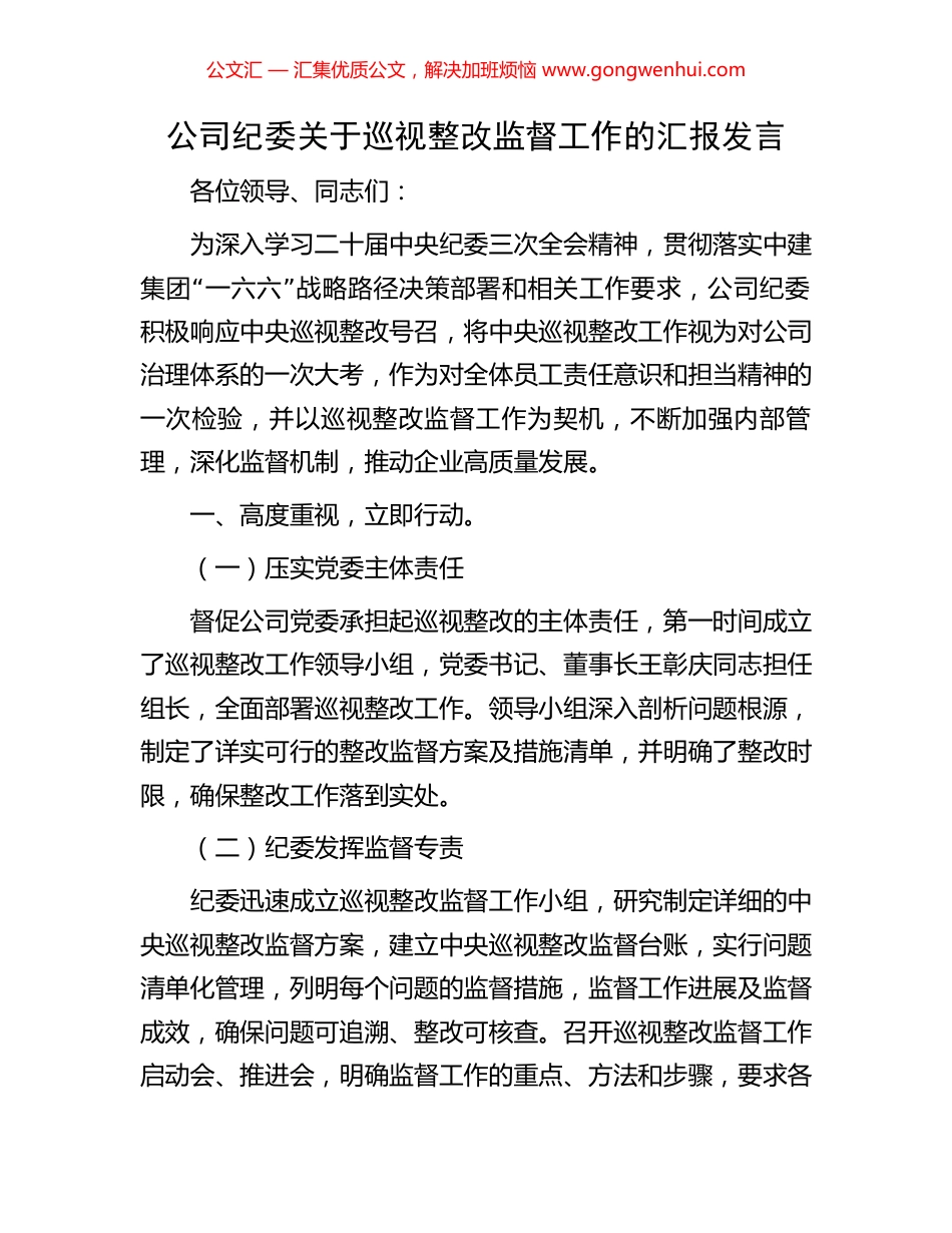 公司纪委关于巡视整改监督工作的汇报发言_第1页