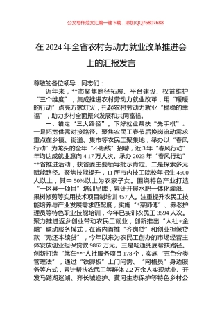 在2024年全省农村劳动力就业改革推进会上的汇报发言