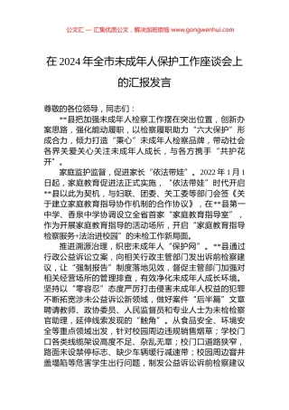 在2024年全市未成年人保护工作座谈会上的汇报发言